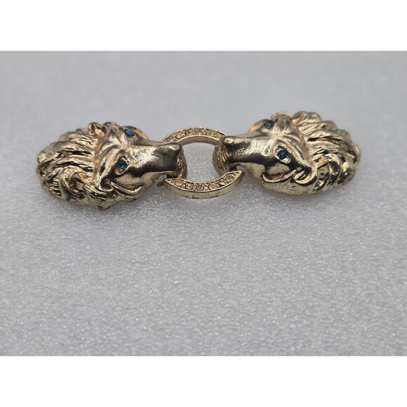 Rare Vtg Gold Tone Two Tiger Heads Green Belt Buckle With Green Bedazzled Eyes main image 7
